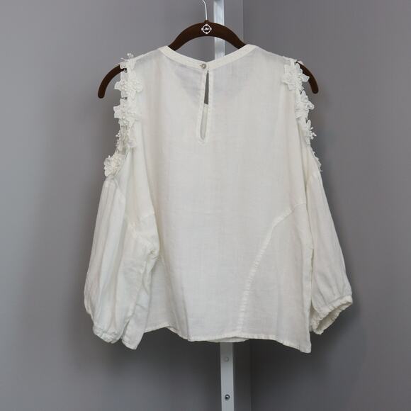 Eri + Ali White Cold Shoulder Linen Blouse – Floral Appliqué, Size Small - Picture 2 of 7